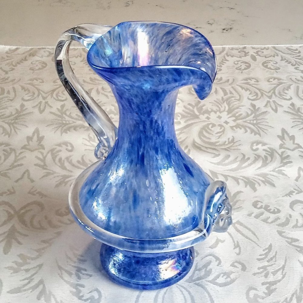 Murano Scavo Blue Iridescent Lion's Head Pitcher